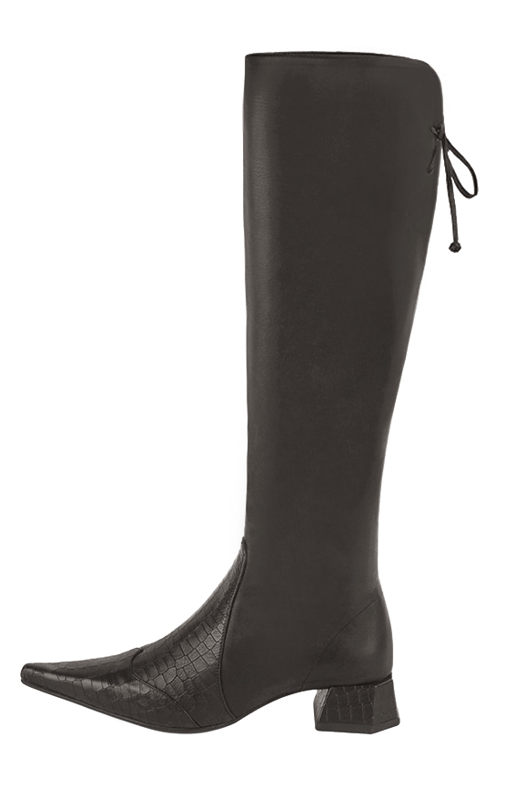French elegance and refinement for these dark grey knee-high boots, with laces at the back, 
                available in many subtle leather and colour combinations. Pretty boot adjustable to your measurements in height and width
Customizable or not, in your materials and colors.
Its half side zip and rear opening will leave you very comfortable.
For pointed toe fans. 
                Made to measure. Especially suited to thin or thick calves.
                Matching clutches for parties, ceremonies and weddings.   
                You can customize these knee-high boots to perfectly match your tastes or needs, and have a unique model.  
                Choice of leathers, colours, knots and heels. 
                Wide range of materials and shades carefully chosen.  
                Rich collection of flat, low, mid and high heels.  
                Small and large shoe sizes - Florence KOOIJMAN